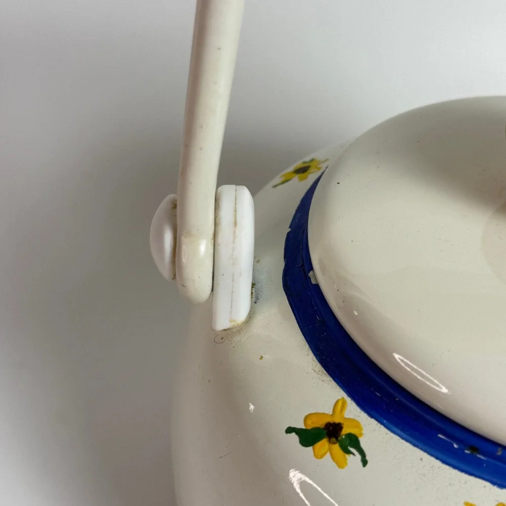 White Enamel Sunny Golden Yellow Sunflowers Tea Kettle Blue Trim Wood Handle